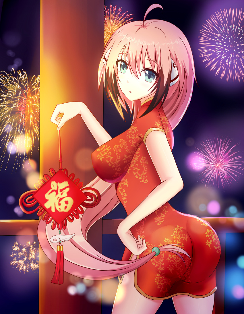 1girl :o absurdres aerial_fireworks ahoge alternate_costume alternate_hairstyle ass breasts brown_hair china_dress chinese_clothes commentary_request dress eyebrows_visible_through_hair feng_mouren fingernails fireworks from_behind gradient_hair hair_between_eyes hand_on_hip head_tilt highres holding ikaros impossible_clothes impossible_dress large_breasts leaning_forward long_hair looking_at_viewer looking_back low-tied_long_hair multicolored_hair new_year night night_sky parted_lips pillar ponytail railing red_dress robot_ears short_dress short_sleeves side_slit sidelocks sky solo sora_no_otoshimono standing twisted_torso very_long_hair