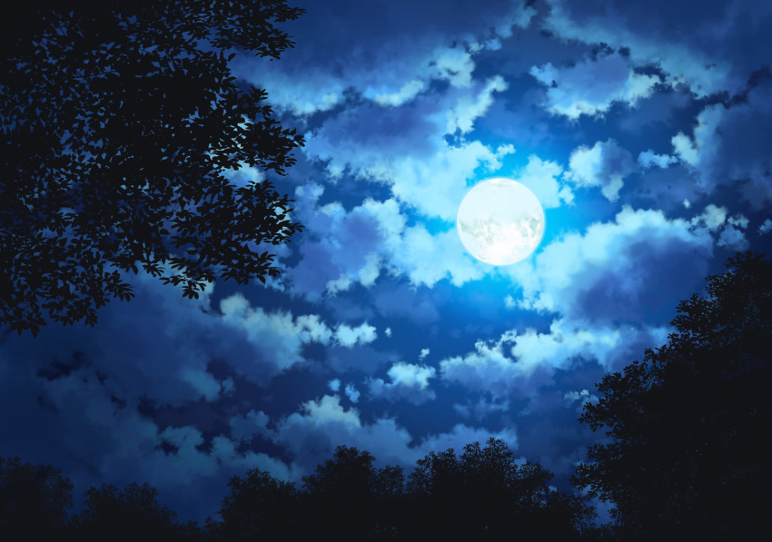 blue_sky clouds cloudy_sky commentary day forest full_moon highres moon moonlight nature no_humans outdoors sakanamodoki scenery sky tree