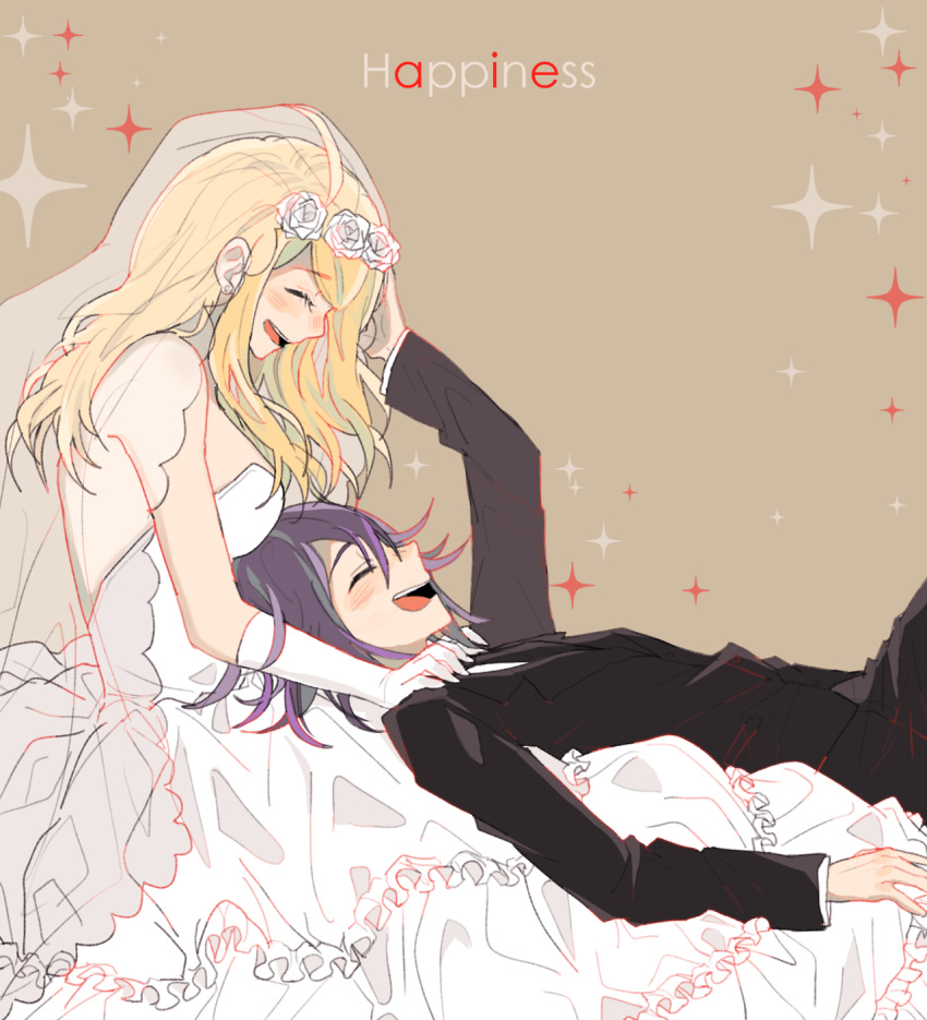 1boy 1girl akamatsu_kaede bangs bare_shoulders blonde_hair blush closed_eyes dangan_ronpa dress earrings english flower gloves hair_flower happy highres lap_pillow long_hair lying new_dangan_ronpa_v3 on_back open_mouth ouma_kokichi purple_hair rose simple_background sitting sleeveless_dress smile sparkle strapless_dress swept_bangs tuxedo veil wedding_dress white_dress white_gloves white_rose