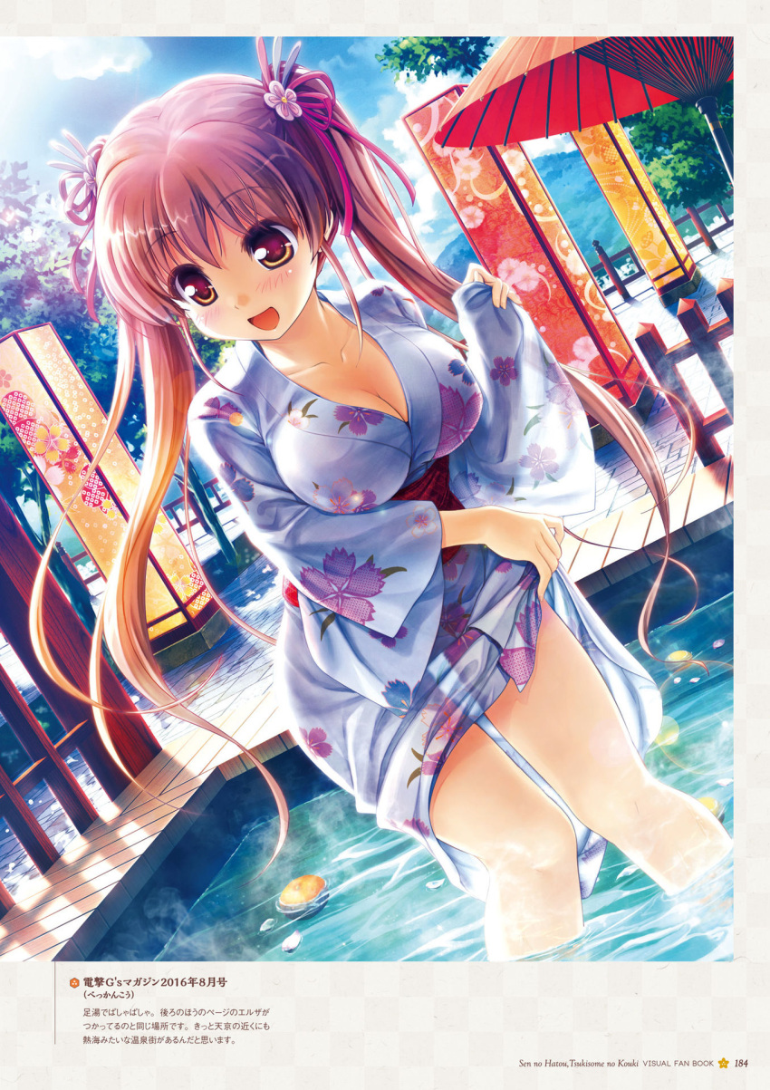 1girl bangs bekkankou blue_sky blush breasts brown_eyes brown_hair cleavage clouds collarbone day eyebrows_visible_through_hair floral_print hair_ornament highres japanese_clothes kimono looking_to_the_side medium_breasts open_mouth outdoors partially_submerged petals sen_no_hatou_tsukisome_no_kouki shiinoha_kotone sky solo twintails water wide_sleeves