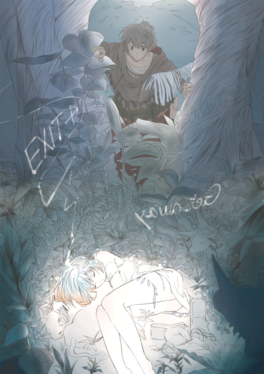 1boy 1girl absurdres aspara brown_eyes brown_hair bush capelet closed_eyes closed_mouth day english forest fringe highres leaf nature original outdoors sleeping thighs