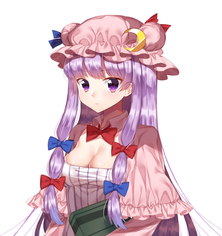 1girl absurdres bangs blue_bow bow bowtie breasts capelet cleavage closed_mouth crescent crescent_moon_pin expressionless eyebrows_visible_through_hair gem_oblivion hair_bow hat highres long_hair looking_at_viewer medium_breasts mob_cap patchouli_knowledge pink_hat purple_hair red_bow red_bowtie sidelocks simple_background solo striped touhou upper_body vertical_stripes violet_eyes white_background