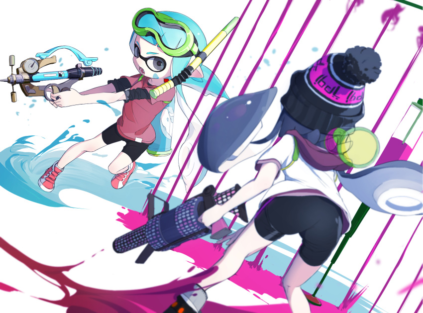 2girls aspara ass bangs beanie bike_shorts blue_hair blunt_bangs dutch_angle goggles goggles_on_head grey_eyes hat highres holding holding_weapon ink inkling kneepits long_hair multiple_girls open_mouth paint shoes sneakers splatoon weapon