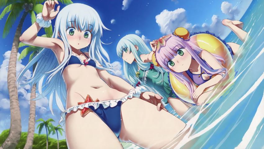3girls :&lt; aoki_hagane_no_arpeggio barefoot bikini blue_bikini blue_hair blue_sky breasts bun_cover casual_one-piece_swimsuit cleavage cleavage_cutout collarbone cropped day double_bun dutch_angle eyebrows_visible_through_hair fingernails frill_trim gluteal_fold green_eyes green_hair green_swimsuit hair_ribbon highres i-400_(aoki_hagane_no_arpeggio) i-402_(aoki_hagane_no_arpeggio) innertube iona koume_keito long_hair multiple_girls navel one-piece_swimsuit outdoors parted_lips partially_submerged purple_swimsuit ribbon scan scrunchie sidelocks sky small_breasts starfish swimsuit tress_ribbon wading wrist_scrunchie
