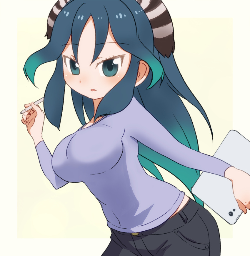 1girl blue_eyes blue_hair breasts commentary_request eyebrows_visible_through_hair gradient gradient_background gradient_hair green_hair highres kako_(kemono_friends) kemono_friends leaning_forward long_hair long_sleeves medium_breasts multicolored_hair sat-c simple_background solo stylus tablet two-tone_hair upper_body