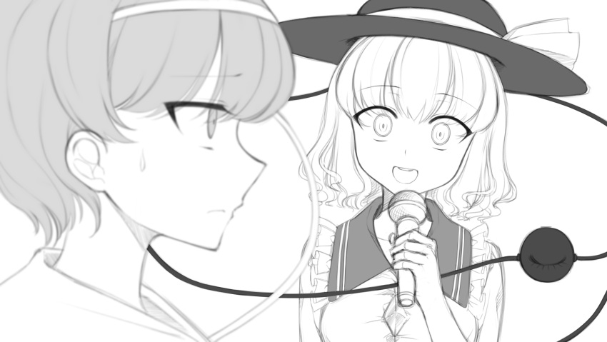 2girls absurdres bangs bow closed_mouth eyebrows_visible_through_hair gem_oblivion greyscale hat hat_bow highres holding holding_microphone komeiji_koishi looking_at_viewer microphone monochrome multiple_girls music open_mouth profile short_hair simple_background singing sweat third_eye touhou white_background