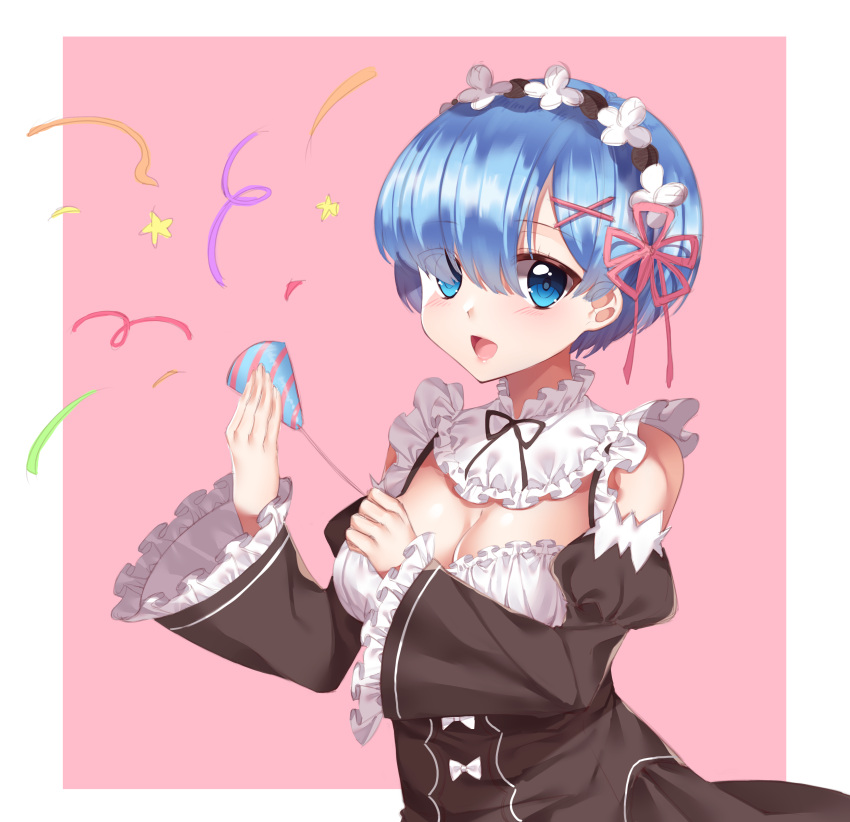 1girl :d absurdres bangs black_ribbon blue_eyes blue_hair blush breasts cleavage eyebrows_visible_through_hair gem_oblivion hair_between_eyes hair_ornament highres holding long_sleeves looking_at_viewer medium_breasts neck_ribbon open_mouth party_popper re:zero_kara_hajimeru_isekai_seikatsu rem_(re:zero) ribbon short_hair smile solo star upper_body wide_sleeves x_hair_ornament