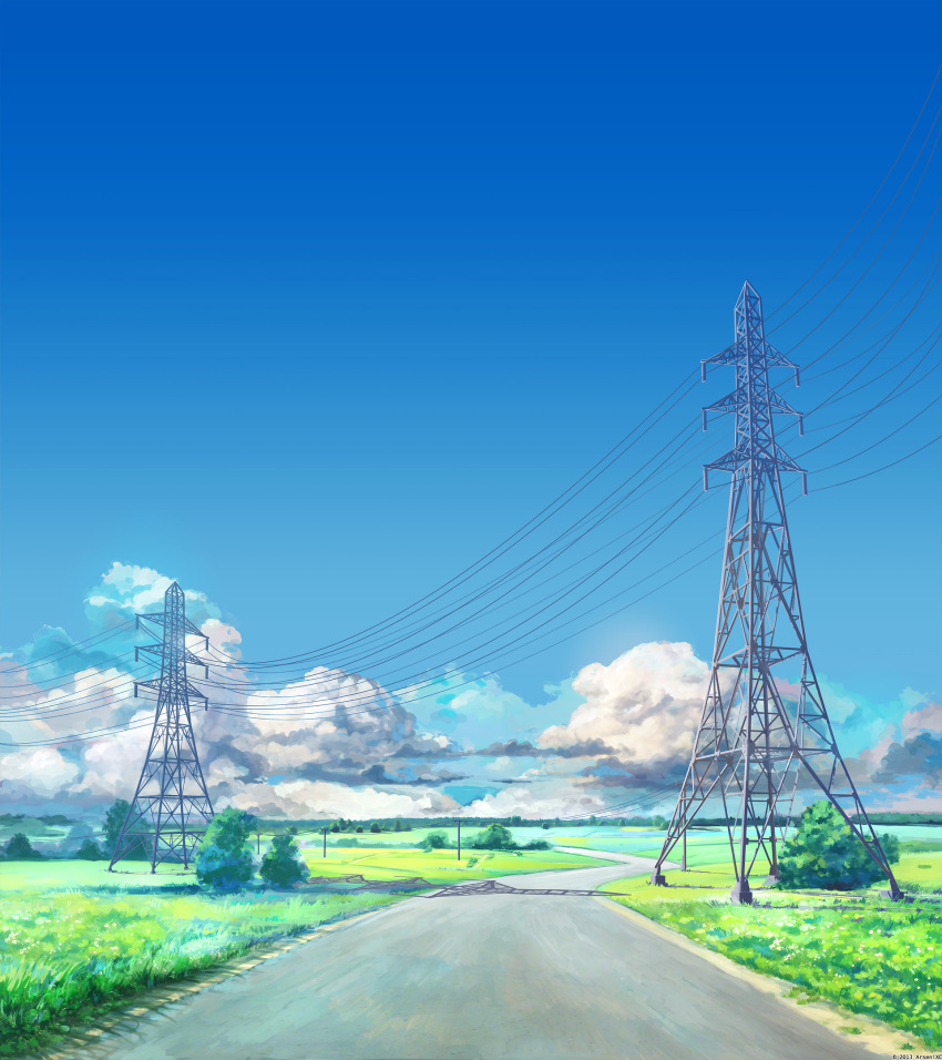 arsenixc blue_sky bush clouds cloudy_sky day everlasting_summer field grass highres horizon landscape no_humans outdoors plant power_lines road scenery shadow sky utility_pole valley