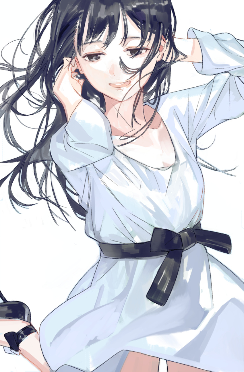 1girl arms_up aspara bangs black_hair collarbone dress grey_eyes half-closed_eyes hands_in_hair highres leg_up long_hair looking_to_the_side open_mouth original sash simple_background smile solo teeth walking white_background white_dress wind