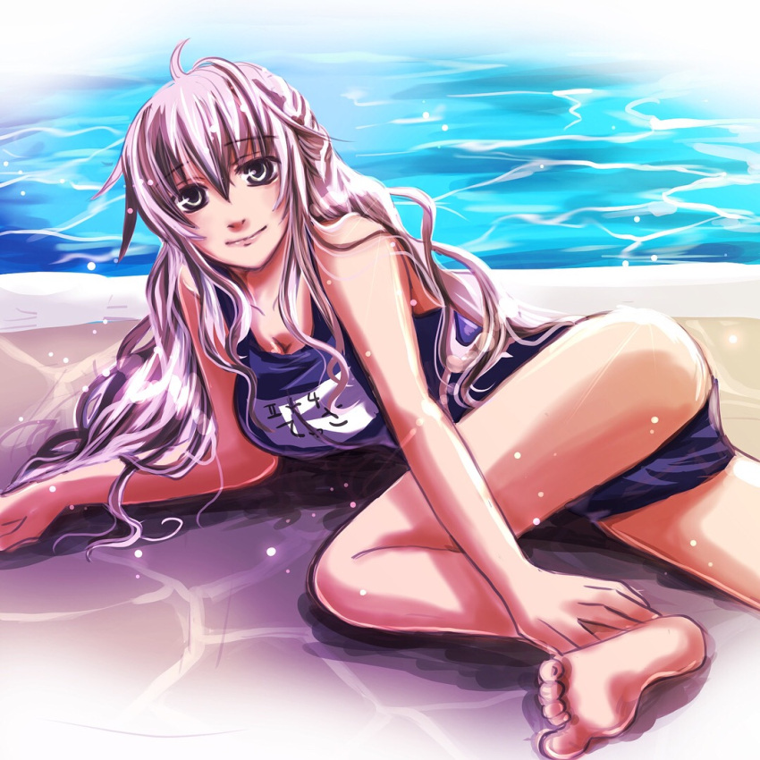 1girl ass bare_shoulders barefoot breasts cleavage full_metal_panic! grey_eyes hair_between_eyes large_breasts long_hair looking_at_viewer lying mimominopekori name_tag on_side one-piece_swimsuit pool poolside school_swimsuit silver_hair solo swimsuit teletha_testarossa water