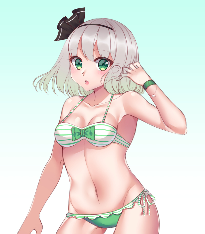 1girl bangs bare_arms bare_shoulders bikini black_bow blush bow bow_bikini breasts cleavage cowboy_shot eyebrows_visible_through_hair gem_oblivion gradient gradient_background green_bow green_eyes hair_bow halter_top halterneck hand_up highres horizontal_stripes konpaku_youmu looking_at_viewer medium_breasts multicolored multicolored_background navel open_mouth short_hair side-tie_bikini silver_hair solo striped striped_bikini swimsuit touhou two-tone_background wristband