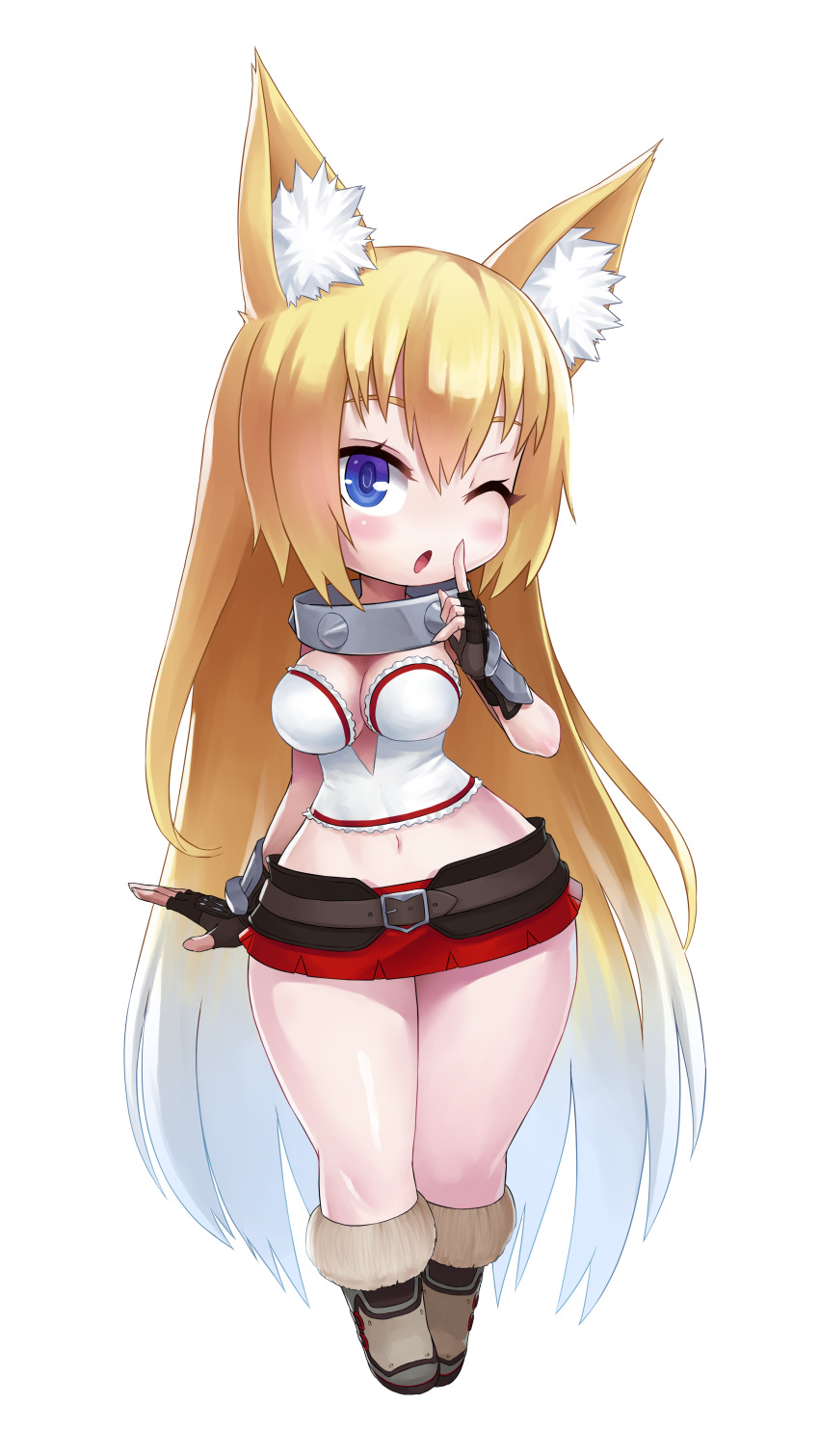 1girl absurdres animal_ears belt blonde_hair blue_eyes boots breasts cleavage collar commission curvy finger_to_mouth fingerless_gloves full_body fur_boots gloves highres jiffic large_breasts long_hair looking_at_viewer metal_collar miniskirt one_eye_closed open_mouth original skirt solo standing thick_thighs very_long_hair wide_hips