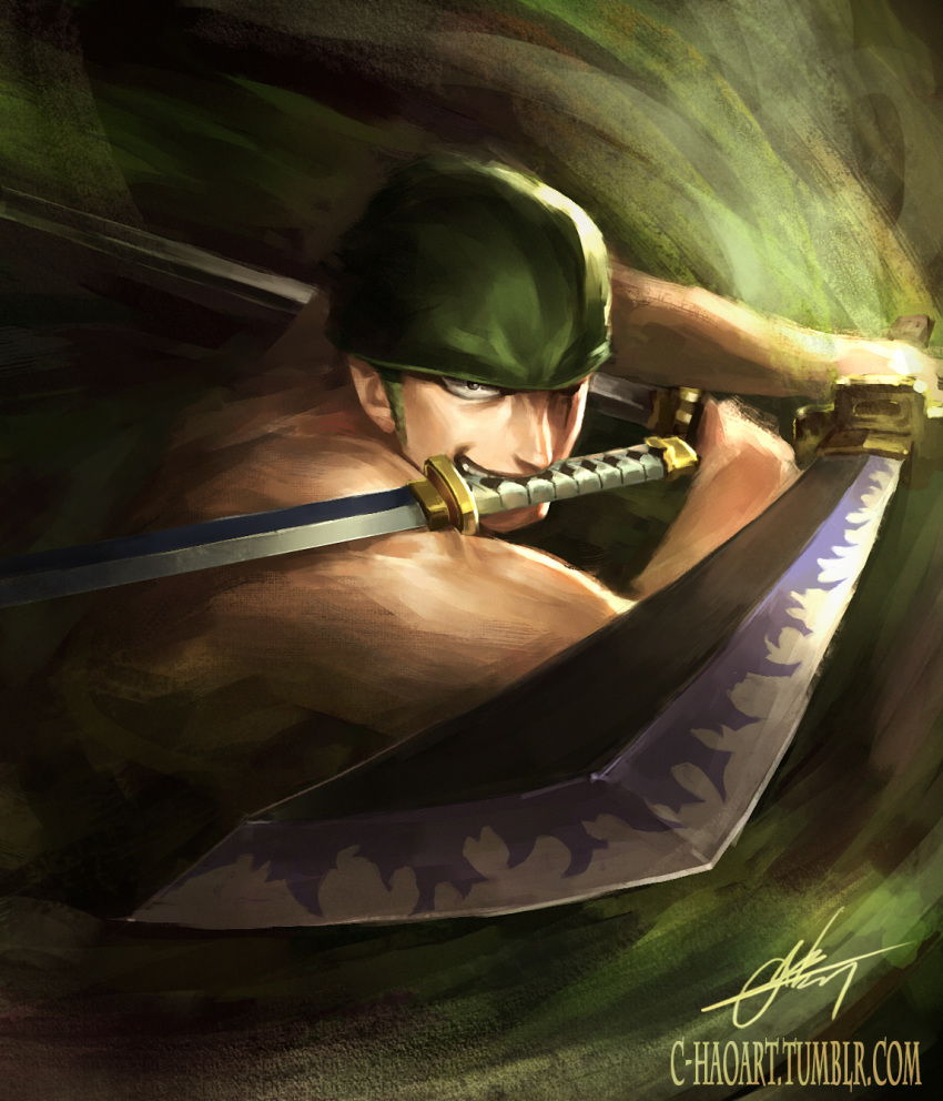 1boy bandanna commentary foreshortening green_bandana green_eyes grin highres holding holding_sword holding_weapon katana looking_at_viewer male_focus mouth_hold multiple_swords narutocuhh one_eye_covered one_piece perspective roronoa_zoro scar scar_across_eye signature smile solo sword topless tumblr_username watermark weapon web_address