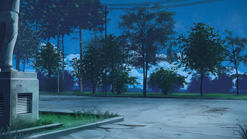 arsenixc blue_sky clouds cloudy_sky commentary everlasting_summer grass highres night no_humans outdoors power_lines scenery sky star_(sky) starry_sky statue telephone_pole tree