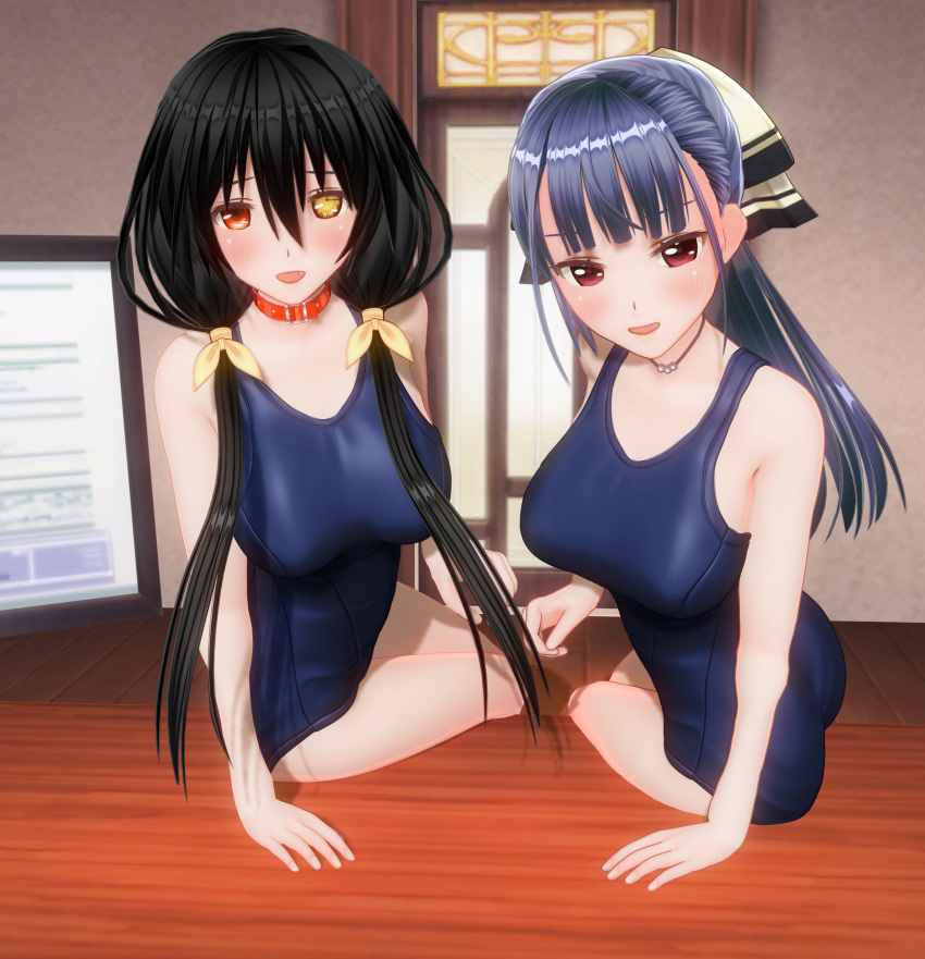 2girls 3d :d absurdres black_hair blue_hair blush bow breasts character_request clock_eyes collar date_a_live dog_collar fang hair_between_eyes hair_bow heterochromia highres jewelry large_breasts long_hair looking_at_viewer looking_back multiple_girls necklace old_school_swimsuit open_mouth red_eyes school_swimsuit sitting smile swimsuit symbol-shaped_pupils tokisaki_kurumi twintails yellow_bow yellow_eyes