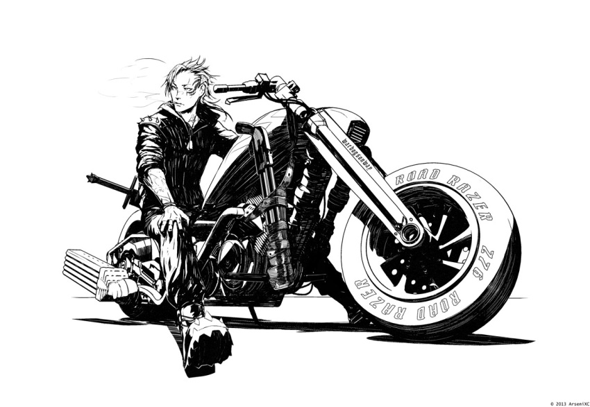 1boy arsenixc boots bracelet cigarette commentary dated dog_tags facial_tattoo foreshortening greyscale ground_vehicle hand_on_own_knee jacket jewelry looking_to_the_side male_focus monochrome motor_vehicle motorcycle mouth_hold pants perspective riding signature simple_background sitting smoking solo spiked_jacket sword tattoo weapon white_background