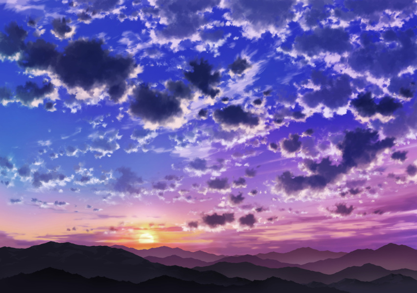 blue_sky clouds cloudy_sky commentary_request gradient_sky highres hill horizon mountain mountainous_horizon no_humans outdoors purple_sky sakanamodoki scenery sky sun sunset