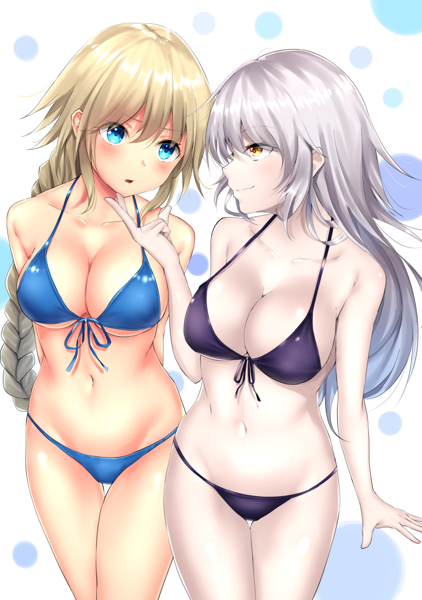 2girls absurdres bikini blonde_hair blue_bikini blue_eyes blush braid breasts cleavage cowboy_shot eye_contact fate/apocrypha fate/grand_order fate_(series) front-tie_top hand_on_another's_chin highres jeanne_alter long_hair looking_at_another medium_breasts multiple_girls phano_(125042) ruler_(fate/apocrypha) silver_hair single_braid swimsuit thigh_gap yellow_eyes yuri