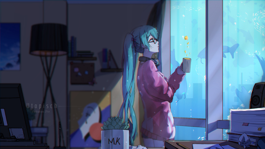 1girl artist_name bangs black-framed_eyewear blurry book_stack bubble cactus cowboy_shot cup depth_of_field from_side german hair_ribbon hatsune_miku headphones headphones_around_neck highres holding holding_cup indoors jacket lamp long_hair long_sleeves looking_away no_pants ocean painting_(object) paper pink_jacket plant potted_plant profile ribbon silhouette solo standing track_jacket translated twintails very_long_hair vocaloid water zhayin-san