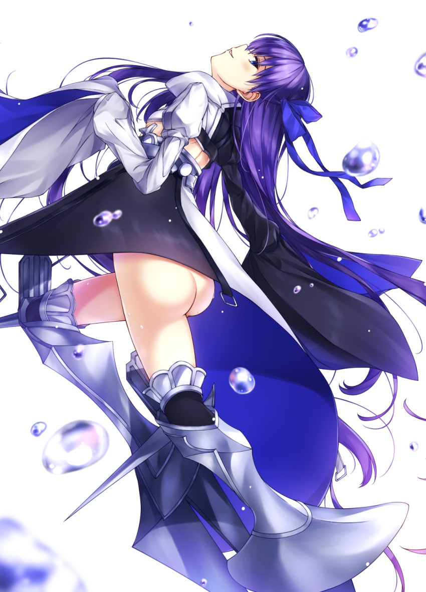 1girl armor armored_boots ass blue_eyes blue_ribbon blush boots bottomless breasts fate/extra fate/extra_ccc fate/grand_order fate_(series) female_ass from_side hair_ribbon highres juliet_sleeves long_hair long_sleeves looking_at_viewer meltlilith no_panties parted_lips profile puffy_sleeves purple_hair revealing_clothes ribbon shinkami_hiroki sleeves_past_wrists small_breasts smile solo thighs very_long_hair