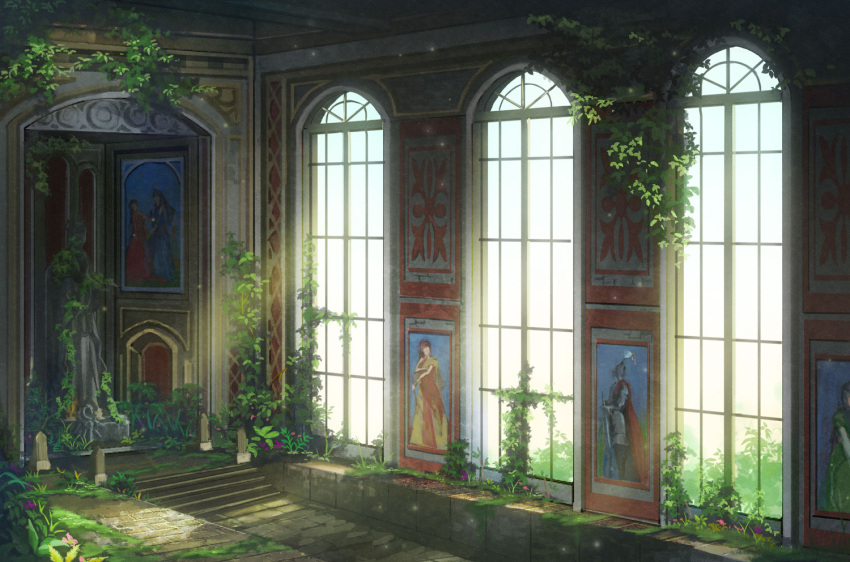 commentary_request day fantasy grass indoors miso_katsu moss no_humans original painting_(object) plant portrait_(object) ruins scenery stairs sunlight throne throne_room window