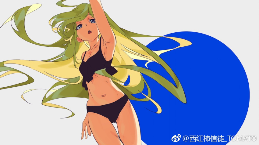 1girl ahoge arm_up armpits black_panties blonde_hair breasts camisole cleavage cowboy_shot dutch_angle eyebrows_visible_through_hair gluteal_fold long_hair looking_afar navel open_mouth original panties simple_background small_breasts solo tomato_(lsj44867) underwear very_long_hair violet_eyes watermark weibo_username