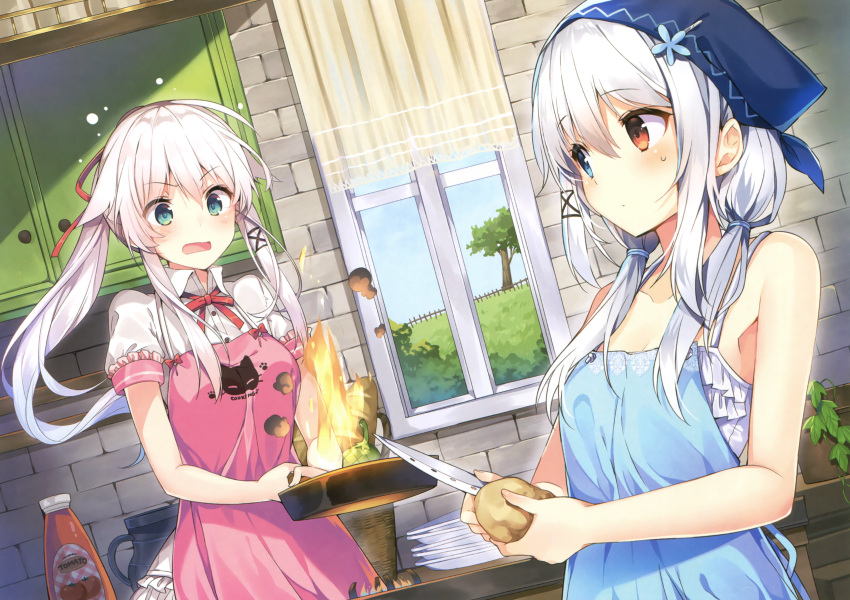 2girls absurdres anceril_sacred apron blush ciel_sacred fire food green_eyes heterochromia highres huge_filesize long_hair mishima_kurone multiple_girls original ribbon scan twintails white_hair