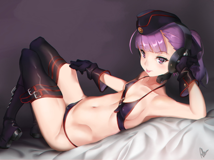 1girl :p ahoge albreo bikini black_background black_bikini black_boots black_gloves black_hat black_legwear boots breasts collarbone erect_nipples fate/grand_order fate_(series) gloves hat headphones helena_blavatsky_(fate/grand_order) helena_blavatsky_(swimsuit_archer)_(fate) highres looking_at_viewer lying on_back ponytail purple_hair short_hair small_breasts solo swimsuit thigh-highs thigh_boots tongue tongue_out violet_eyes