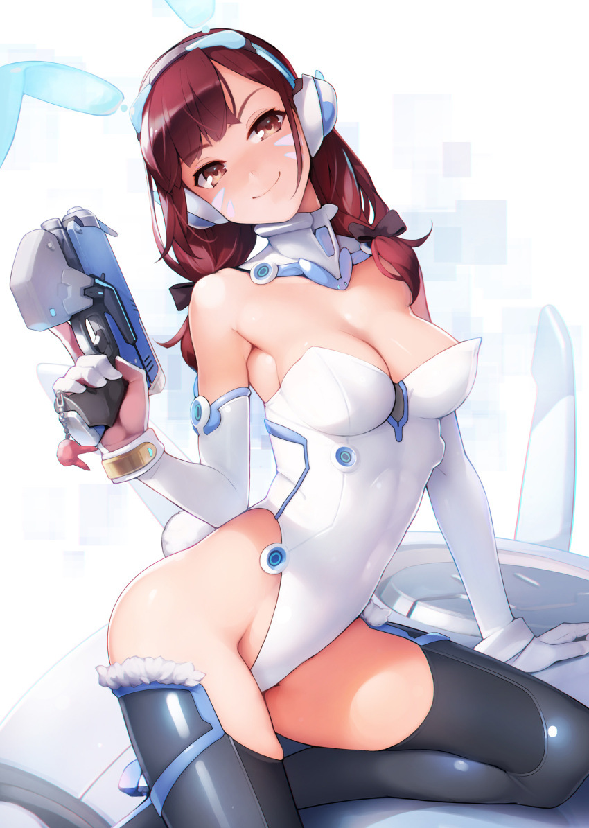 1girl animal_ears arm_support armpits ataruman bangs bare_shoulders black_legwear black_ribbon blush breasts brown_eyes brown_hair cleavage closed_mouth collar d.va_(overwatch) detached_sleeves elbow_gloves facepaint facial_mark fake_animal_ears gloves gun hair_over_shoulder hair_ribbon handgun head_tilt headphones hexagon highres holding holding_gun holding_weapon kneeling leotard long_hair long_sleeves looking_at_viewer low_twintails medium_breasts overwatch rabbit_ears reclining ribbon see-through shiny shiny_clothes simple_background skin_tight skindentation smile smug solo strapless strapless_leotard thigh-highs trigger_discipline twintails weapon whisker_markings white_background white_leotard