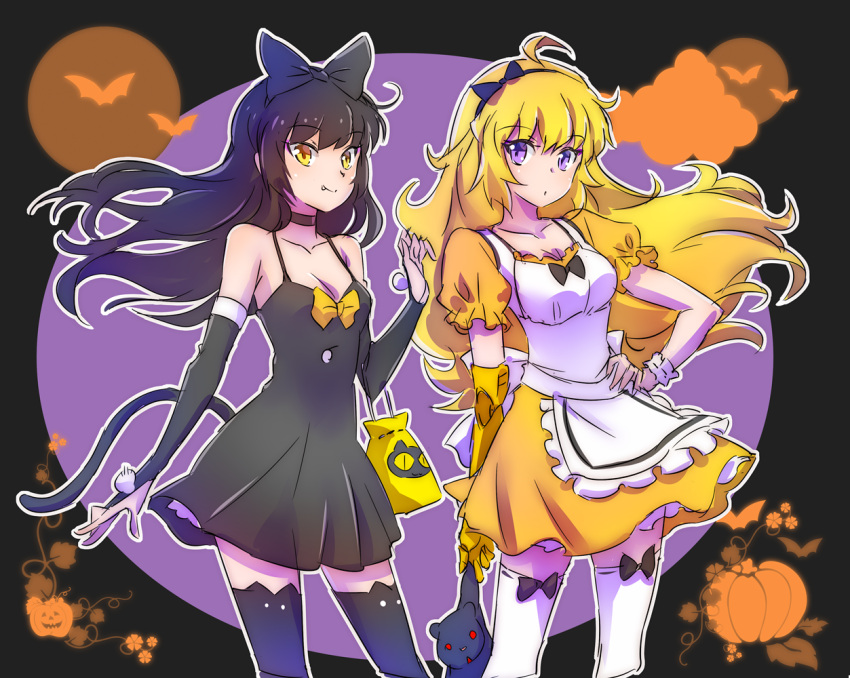 2girls ahoge bear black_hair blake_belladonna blonde_hair bow breasts cat_tail check_commentary cleavage commentary_request fang goldilocks goldilocks_and_the_three_bears hair_bow halloween halloween_costume iesupa multiple_girls prosthesis prosthetic_arm pumpkin rwby scrunchie stuffed_animal stuffed_toy tail teddy_bear thigh-highs violet_eyes yang_xiao_long yellow_eyes