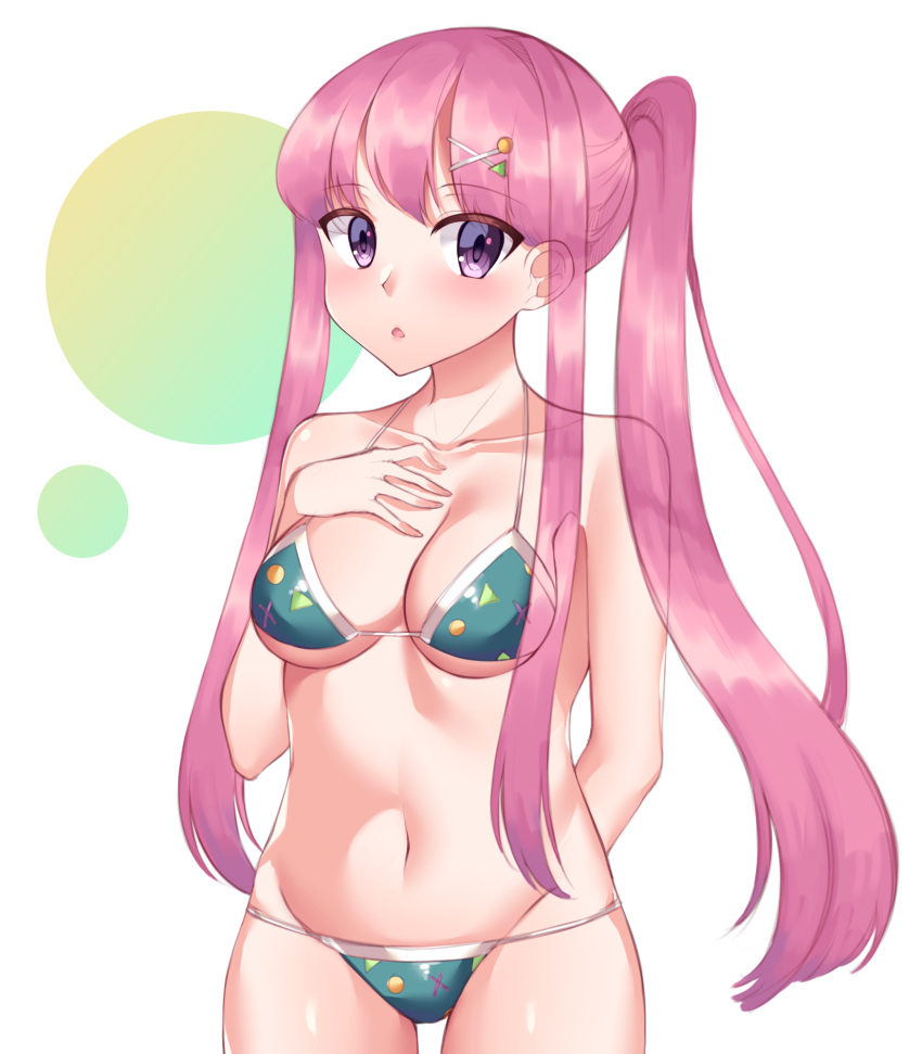 1girl alternate_hairstyle arm_behind_back bangs bare_arms bare_shoulders bikini breasts cleavage cowboy_shot eyebrows_visible_through_hair gem_oblivion hair_ornament hand_on_own_chest hata_no_kokoro highres long_hair looking_at_viewer medium_breasts navel one_side_up open_mouth pink_hair sidelocks simple_background solo swimsuit touhou violet_eyes x_hair_ornament