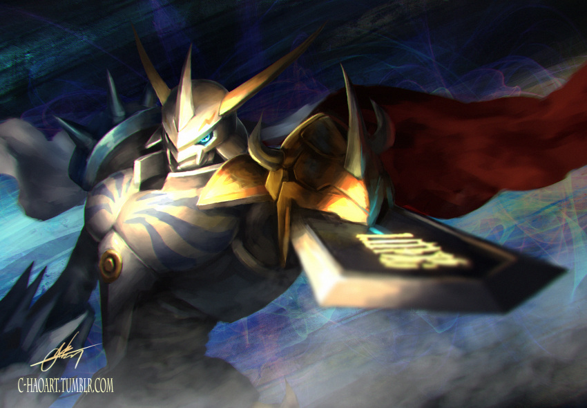 armor blue_eyes cape digimon foreshortening glowing glowing_eyes helmet highres looking_at_viewer monster narutocuhh no_humans omegamon perspective red_cape signature sword tumblr_username watermark weapon web_address