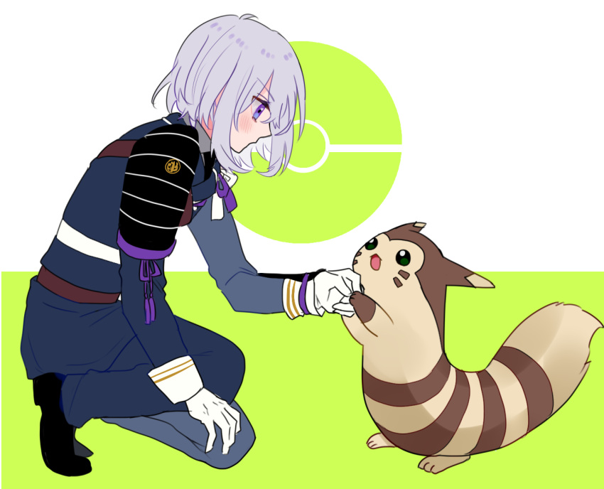 1boy armor asuma_(hanezu) blush crossover furret gloves honebami_toushirou japanese_armor male_focus military military_uniform pokemon pokemon_(creature) sode squatting touken_ranbu uniform violet_eyes white_gloves white_hair