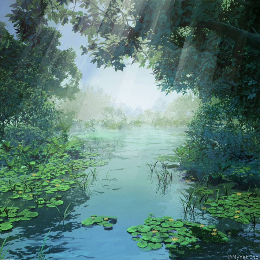 angelmaster arsenixc blue_sky commentary_request dappled_sunlight day highres no_humans outdoors plant river scenery sky sunlight swamp tree watermark