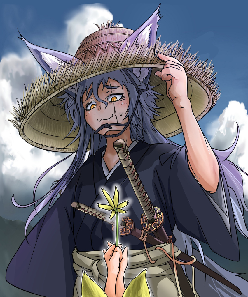 2girls :3 animal_ears blue_hair blue_sky blush child clouds cloudy_sky doitsuken ears_through_headwear flower fox_ears hair_between_eyes hand_on_headwear highres holding holding_flower japanese_clothes jingasa katana kimono long_hair looking_at_viewer looking_down multiple_girls multiple_swords orange_eyes original samurai sash scar scar_across_eye short_sleeves sky slit_pupils smile standing sweatdrop sword weapon wide_sleeves