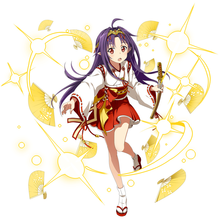 1girl :d ahoge fan floating_hair full_body hair_ornament hakama hakama_skirt highres holding holding_sword holding_weapon japanese_clothes kimono long_hair looking_at_viewer one_leg_raised open_mouth pointy_ears purple_hair red_eyes red_hakama ribbon-trimmed_sleeves ribbon_trim smile socks solo standing standing_on_one_leg sword sword_art_online transparent_background very_long_hair weapon white_kimono white_legwear yuuki_(sao)