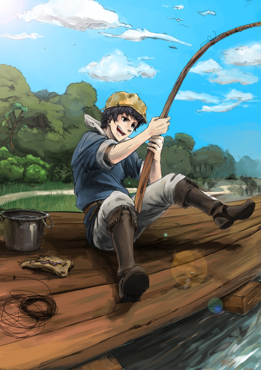 1boy absurdres black_hair donny_(fire_emblem) fire_emblem fire_emblem:_kakusei fishing fishing_line fishing_rod highres outdoors pot pot_on_head smile solo