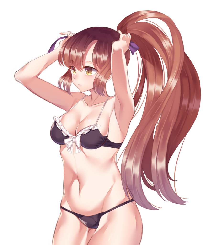 1girl absurdres alternate_hairstyle armpits arms_up bangs bare_arms black_bra black_panties bow bow_bra bra breasts brown_hair cleavage closed_mouth cowboy_shot expressionless eyebrows_visible_through_hair gem_oblivion gradient_hair groin highres hijiri_byakuren long_hair medium_breasts multicolored_hair navel panties ponytail simple_background solo touhou tying_hair underwear white_background white_bow yellow_eyes