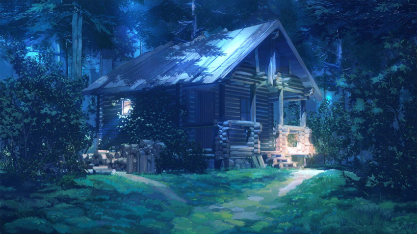 arsenixc axe bush commentary door everlasting_summer firewood forest grass highres nature night no_humans outdoors plant scenery shadow stairs tree weapon window wood wooden_wall