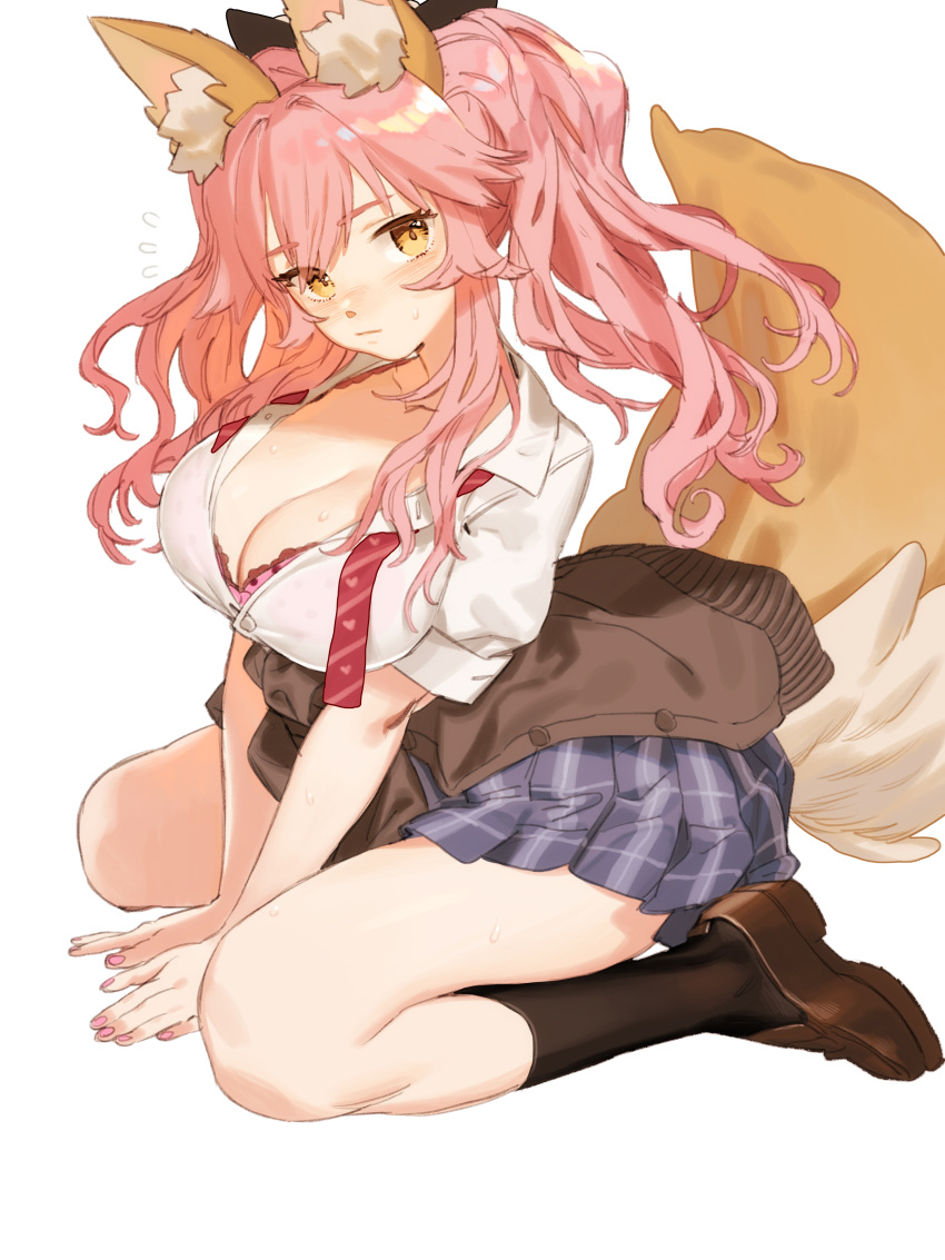 1girl absurdres animal_ears aya_(547972106) black_legwear blush bra breasts cardigan_around_waist cleavage collarbone fate/extella fate/extra fate_(series) fox_ears fox_tail heart highres kneehighs large_breasts loafers long_hair looking_at_viewer pink_bra pink_hair plaid plaid_skirt school_uniform shoes sidelocks simple_background sitting skirt solo tail tamamo_(fate)_(all) tamamo_jk_(fate) twintails underwear undone_bowtie v_arms wariza white_background yellow_eyes