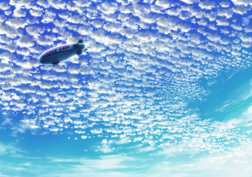 aircraft blue_sky clouds cloudy_sky commentary_request dirigible english highres no_humans outdoors sakanamodoki scenery sign sky zeppelin