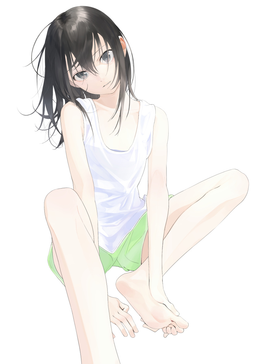 1girl absurdres aspara barefoot black_hair commentary_request feet hand_on_foot head_tilt highres long_hair original shirt shorts simple_background sleeveless sleeveless_shirt soles solo toes white_background white_shirt