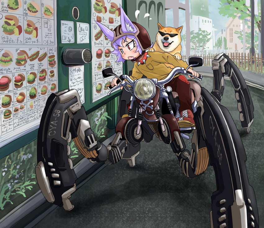&gt;:o 1girl :o animal animal_ears bangs boots breast_pocket child clothed_animal collar commentary_request dog dog_ears dog_girl doitsuken driving ears_through_headwear eyebrows_visible_through_hair fang fast_food fence flying_sweatdrops food hamburger helmet highres lavender_hair long_sleeves looking_to_the_side menu motorcycle_helmet open_mouth original pants pocket red_boots red_eyes red_pants road robot science_fiction shiba_inu shirt short_hair sign sitting slit_pupils speaker spiked_collar spikes street yellow_shirt