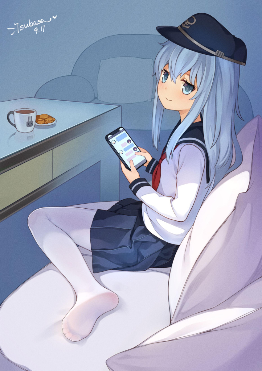 1girl absurdres anchor_symbol armchair artist_name blue_eyes blue_hair blue_hat blue_skirt blush cellphone chair closed_mouth coffee coffee_cup cookie couch dated food from_side hat heart hibiki_(kantai_collection) highres holding holding_phone kantai_collection long_hair long_sleeves looking_at_viewer looking_to_the_side neckerchief no_shoes on_couch pantyhose phone pillow plate red_neckerchief school_uniform serafuku shirt sitting skirt smartphone smile soles solo table tsubasa_tsubasa white_legwear white_shirt