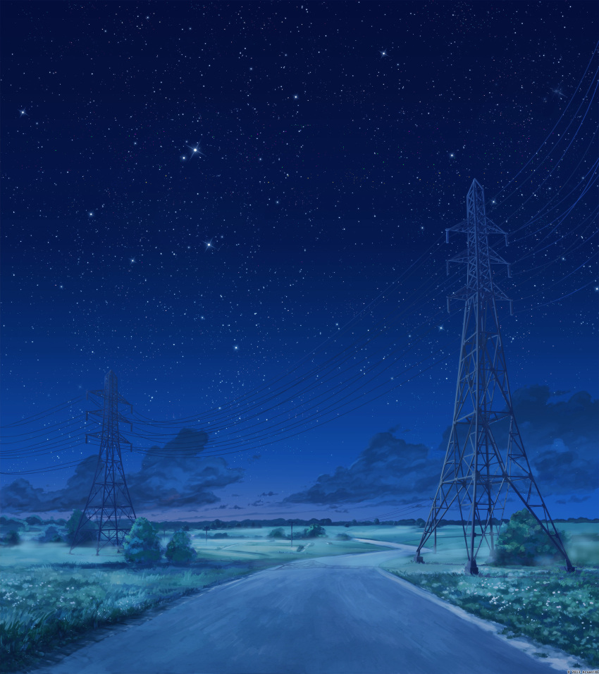 arsenixc bush clouds commentary everlasting_summer field grass highres horizon landscape night night_sky no_humans outdoors plant power_lines road scenery shadow sky star_(sky) starry_sky utility_pole valley