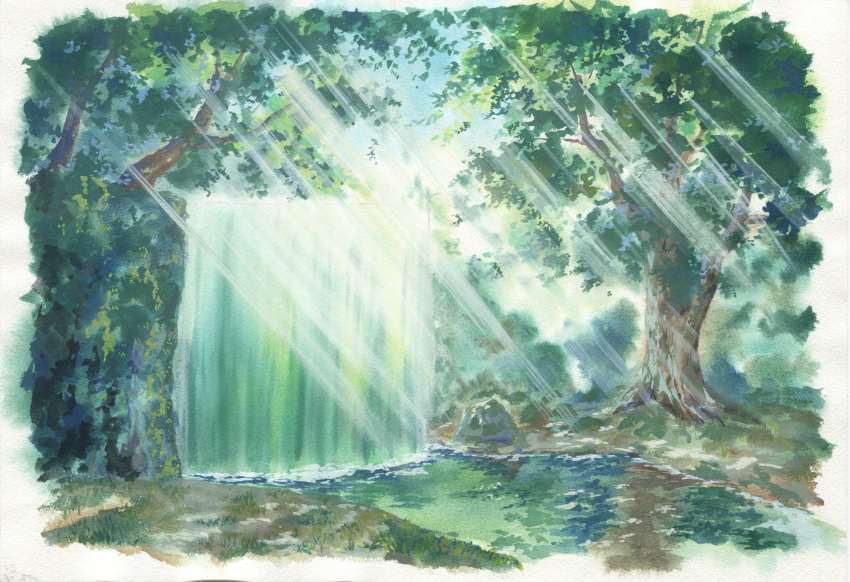 commentary dappled_sunlight day forest highres nature no_humans original outdoors river sawitou_mizuki scenery sunlight traditional_media water waterfall
