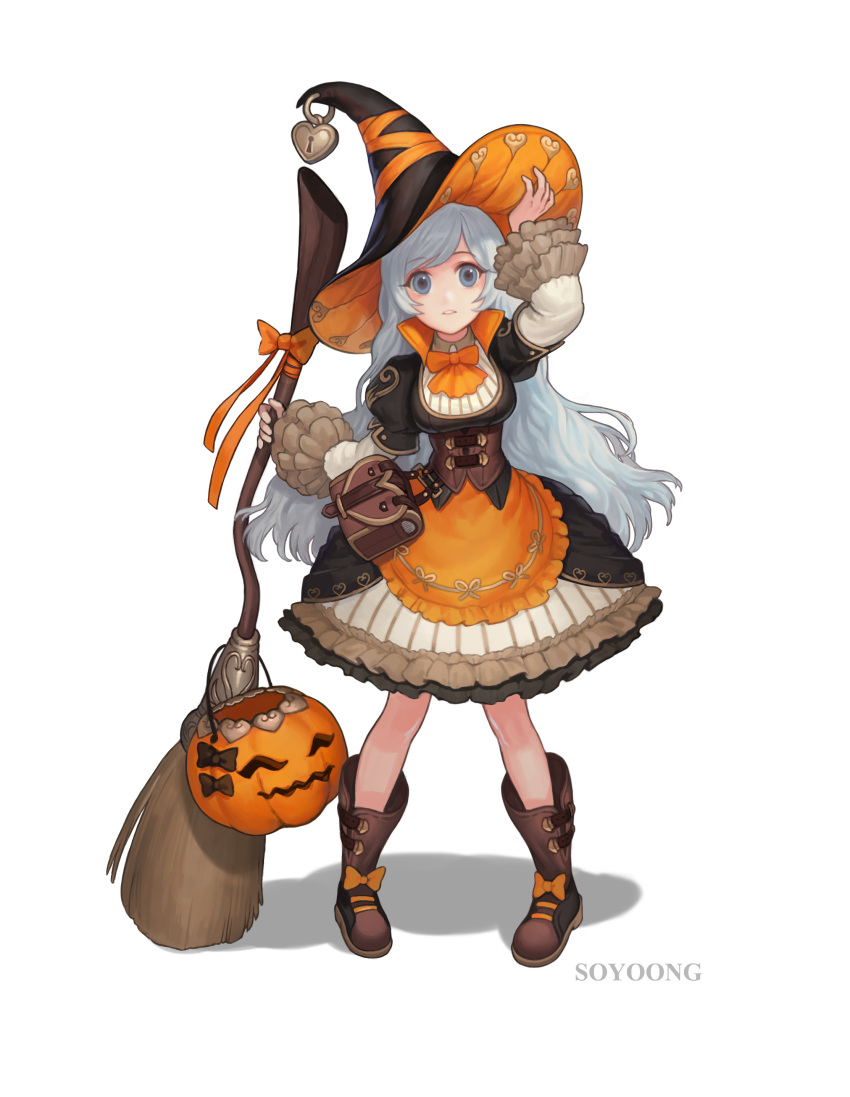 1girl absurdres adjusting_clothes adjusting_hat artist_name bag blue_eyes bow broom dress frilled_dress frilled_sleeves frills hand_up handbag hat heart highres jack-o'-lantern lock looking_at_viewer orange_bow parted_lips solo soyoong_jun sword weapon white_hair witch_hat