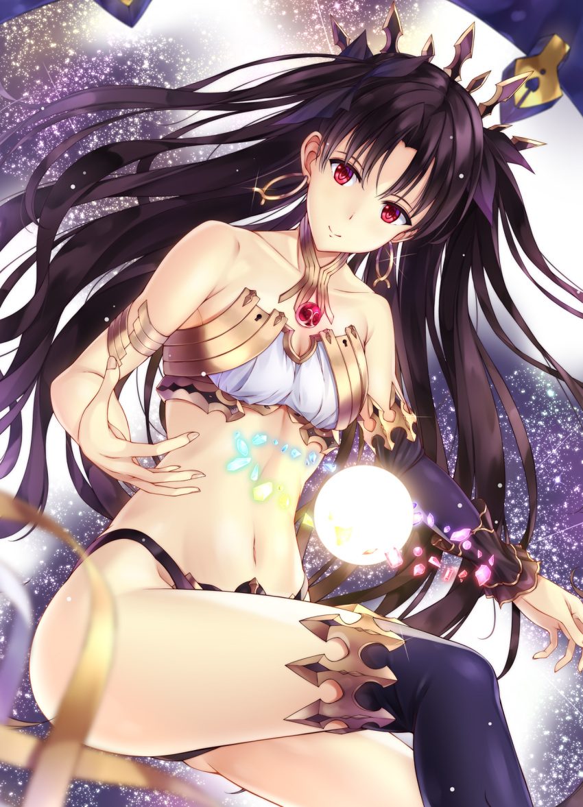 1girl armlet asymmetrical_clothes asymmetrical_legwear asymmetrical_sleeves bare_shoulders black_hair black_legwear black_panties blush breasts cleavage closed_mouth collarbone crown earrings fate/grand_order fate_(series) hair_ribbon highres hoop_earrings ishtar_(fate/grand_order) jewelry looking_at_viewer navel neck_ring panties red_eyes ribbon shinkami_hiroki single_detached_sleeve single_thighhigh small_breasts smile solo stomach thigh-highs tohsaka_rin two_side_up underwear