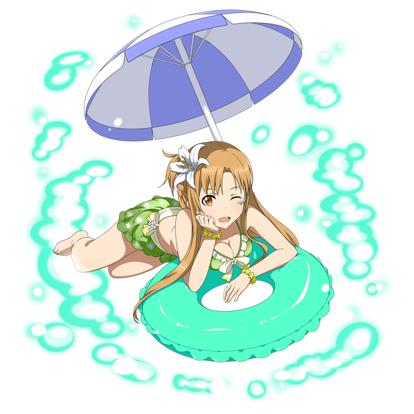 1girl ;d asuna_(sao) bare_shoulders bikini bracelet breasts brown_eyes brown_hair chin_rest cleavage flower full_body green_bikini green_skirt hair_flower hair_ornament hibiscus highres innertube jewelry long_hair looking_at_viewer lying medium_breasts on_stomach one_eye_closed open_mouth skirt smile solo swimsuit sword_art_online transparent_background white_flower