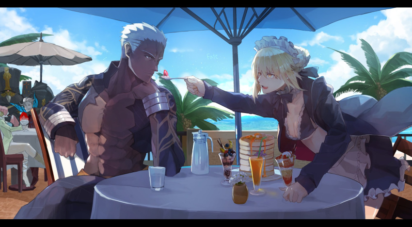 2boys 2girls apron artoria_pendragon_(all) artoria_pendragon_(swimsuit_rider_alter)_(fate) berserker_of_black blonde_hair chair charles_babbage_(fate/grand_order) chin_rest dark_skin dark_skinned_male emiya_alter fate/apocrypha fate/grand_order fate_(series) feeding food fruit highres james_moriarty_(fate/grand_order) maid maid_headdress mecha mono_(jdaj) multiple_boys multiple_girls pancake pink_hair saber_alter sitting spoon strawberry table umbrella waist_apron white_hair